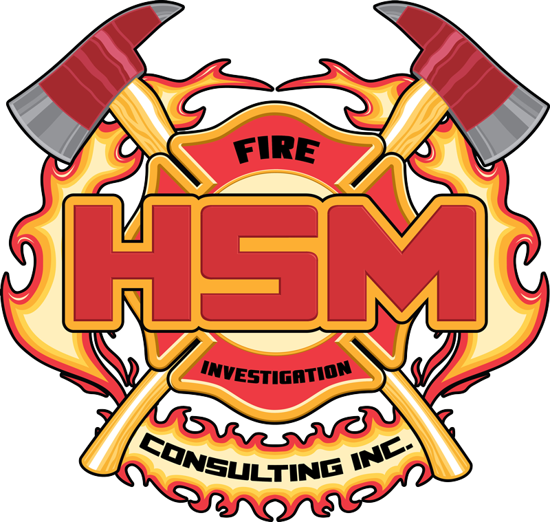 A fire investigation logo with two axes and flames.